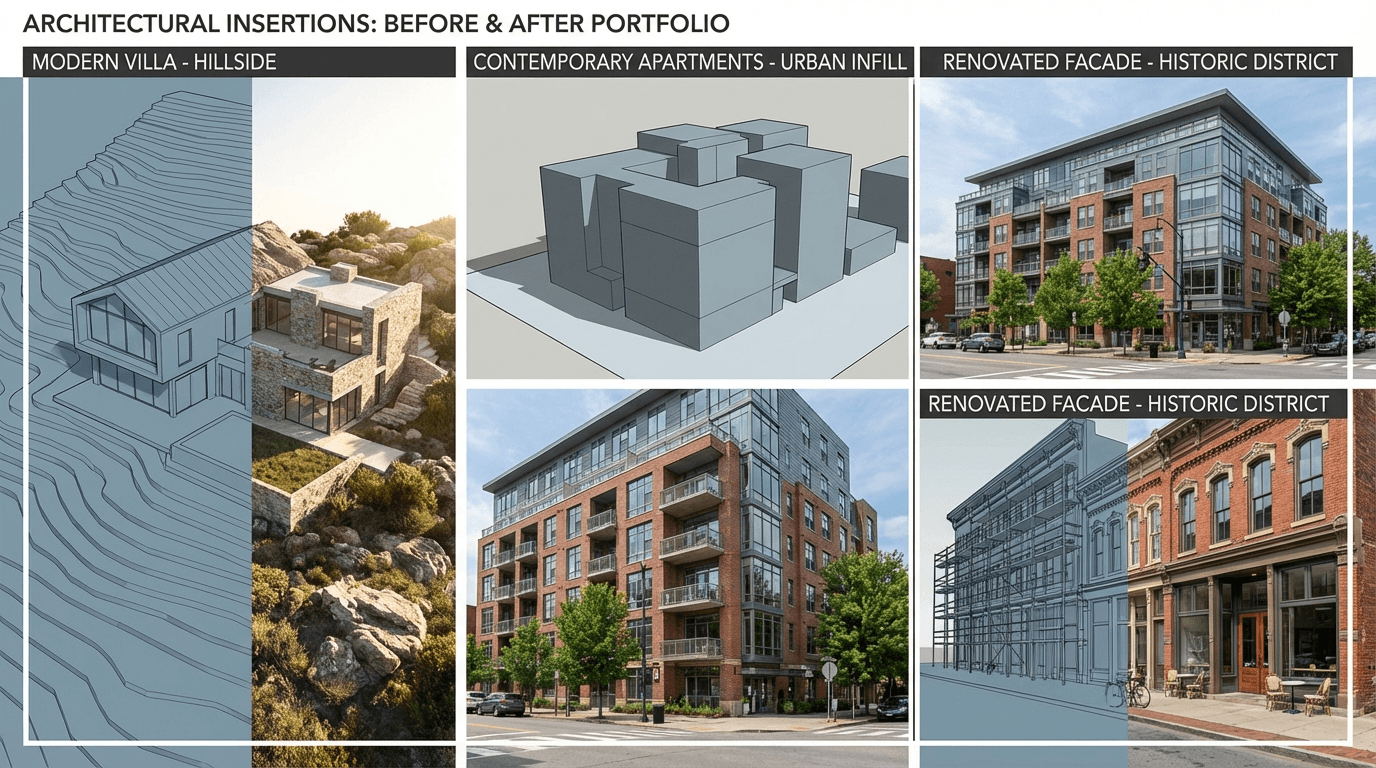 Exemplos de insercoes arquitetonicas — antes/depois